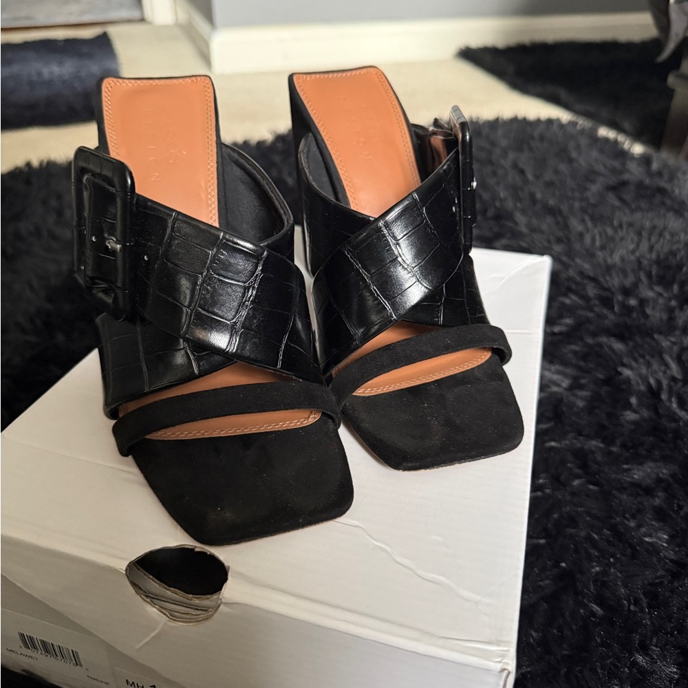 ASOS DESIGN Nanda Buckle Heeled Mules in Black